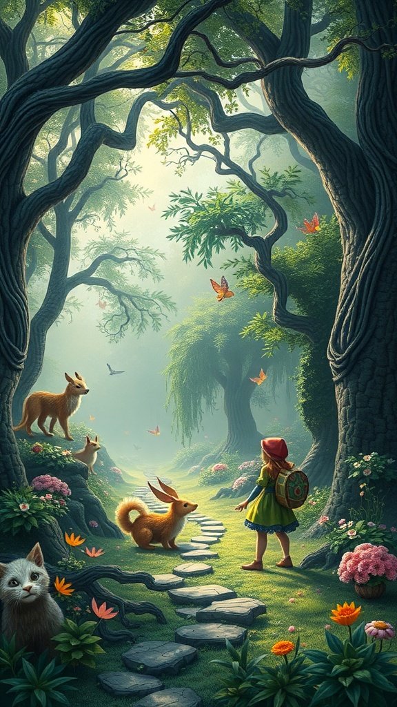 A whimsical forest scene featuring a girl in a red hood, surrounded by animals and colorful flowers.