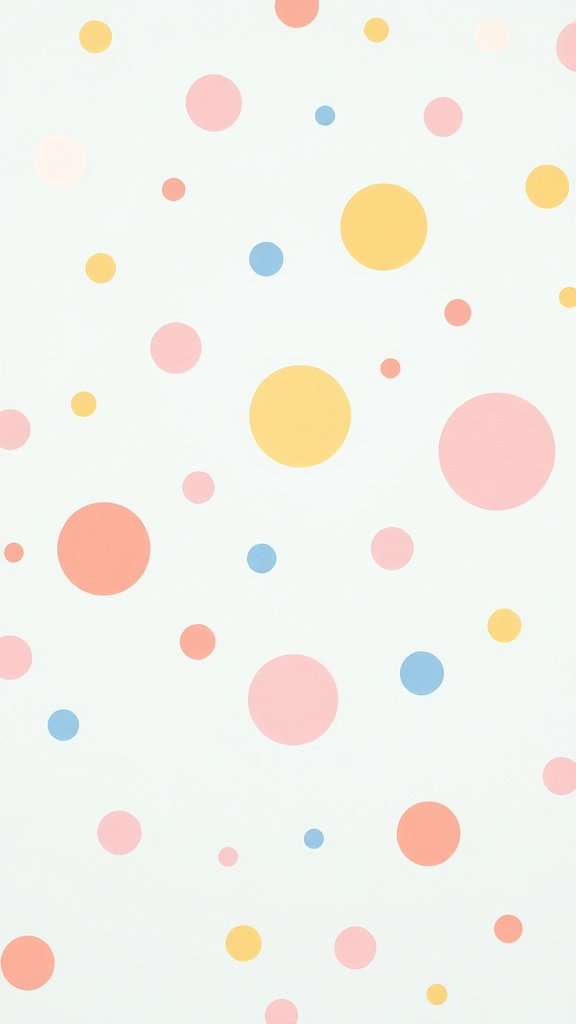 Colorful polka dot wallpaper with various sizes of circles in pink, yellow, and blue on a white background.