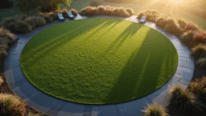 Circular Lawns: Transform Your Garden with Stunning Round Design Aerial view of a pristine circular lawn at golden hour, featuring a 20-foot diameter emerald grass circle with dark gray slate edging, modern aluminum loungers, and ornamental grasses, all surrounded by morning mist and soft, directional light.