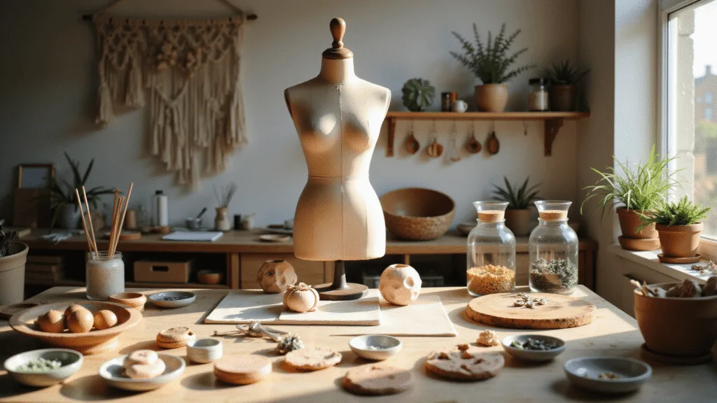 A sunlit craft studio featuring a wooden workbench with air dry clay tools and pastel clay pieces, where hands press dried flowers into clay disks. Organized shelves with paint and resin, a dress form with earrings, and marble-effect clay drying on a rack create a warm, bohemian atmosphere.