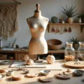 A sunlit craft studio featuring a wooden workbench with air dry clay tools and pastel clay pieces, where hands press dried flowers into clay disks. Organized shelves with paint and resin, a dress form with earrings, and marble-effect clay drying on a rack create a warm, bohemian atmosphere.