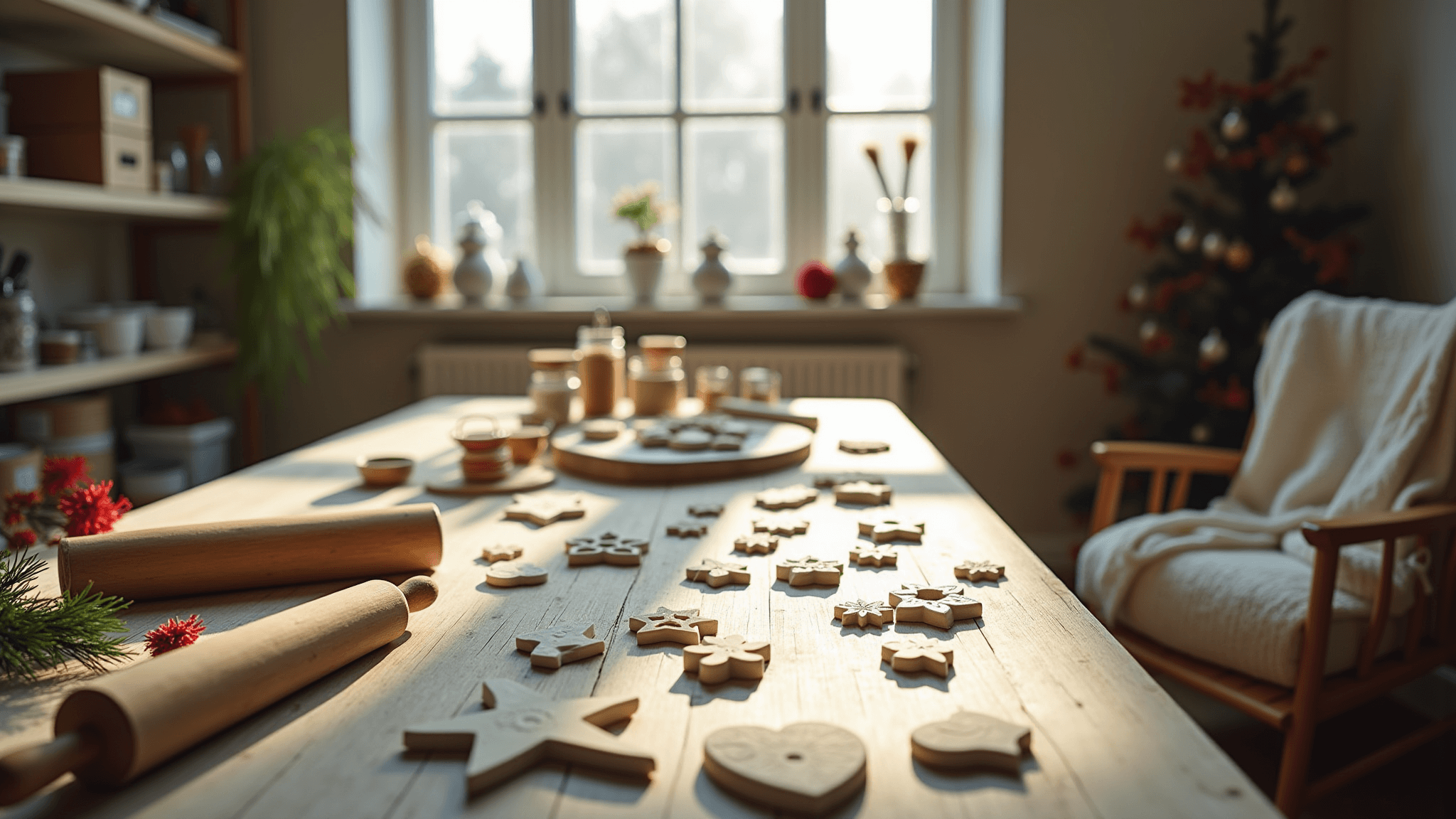 A sunny craft studio with a wooden worktable covered in handmade clay ornaments, tools, and festive decorations. Hands carefully work on clay, highlighting textures and details, with a rolling pin, pine needles, and ribbons in the foreground. The background features organized craft shelves and a cozy armchair, all in warm tones and a soft focus.