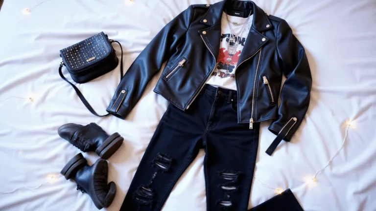 Styled flat lay of concert outfit essentials on a white duvet, featuring a black leather jacket, distressed black jeans, scuffed combat boots, a studded crossbody bag, a vintage band tee, and layered silver jewelry, highlighted by soft ambient lighting and string lights in the background.