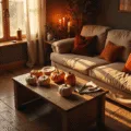 A warm and cozy indoor scene of a couple painting pumpkins on a rustic coffee table, surrounded by autumn decor and soft candlelight, capturing the intimate atmosphere of a romantic fall evening.
