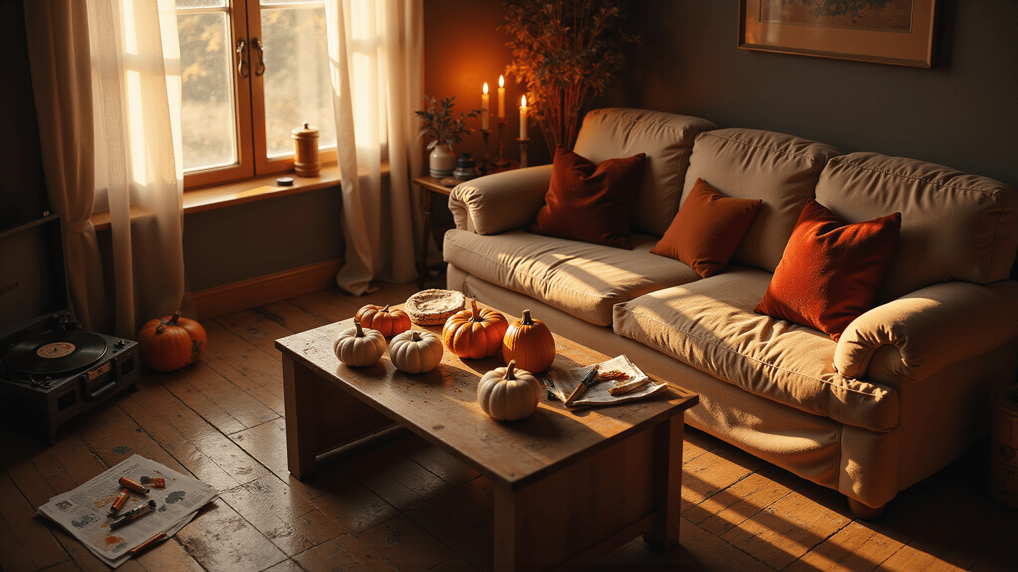 A warm and cozy indoor scene of a couple painting pumpkins on a rustic coffee table, surrounded by autumn decor and soft candlelight, capturing the intimate atmosphere of a romantic fall evening.