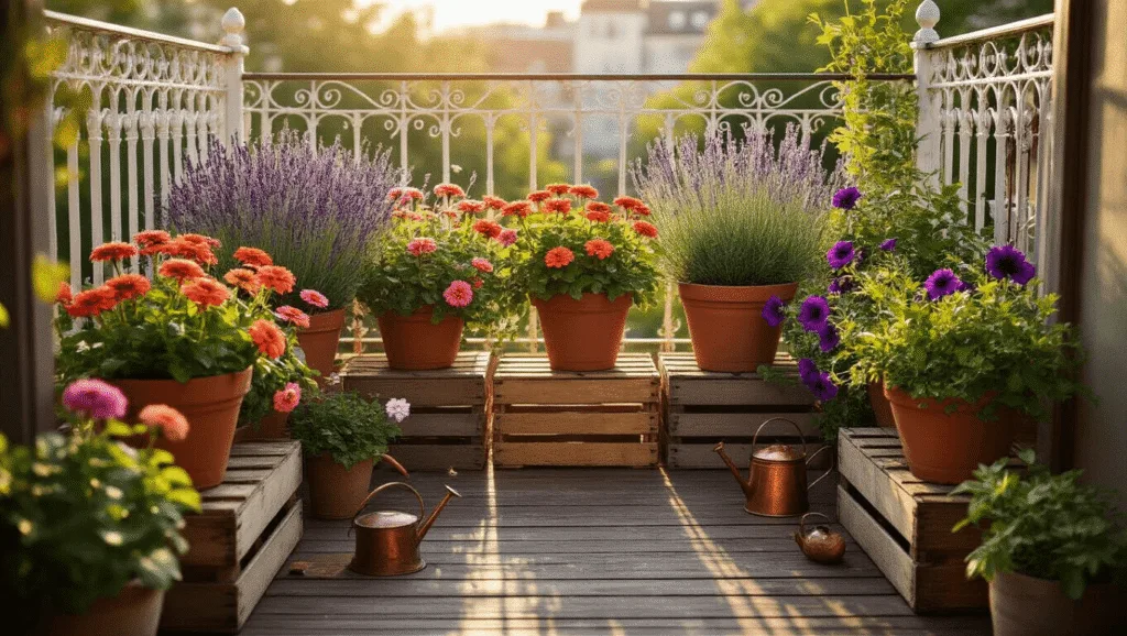 Cinematic overhead view of a sunlit urban balcony garden during golden hour, showcasing vibrant zinnias, lavender, and petunias in weathered pots, with warm light casting shadows on rustic floorboards and a blurred cityscape in the background.