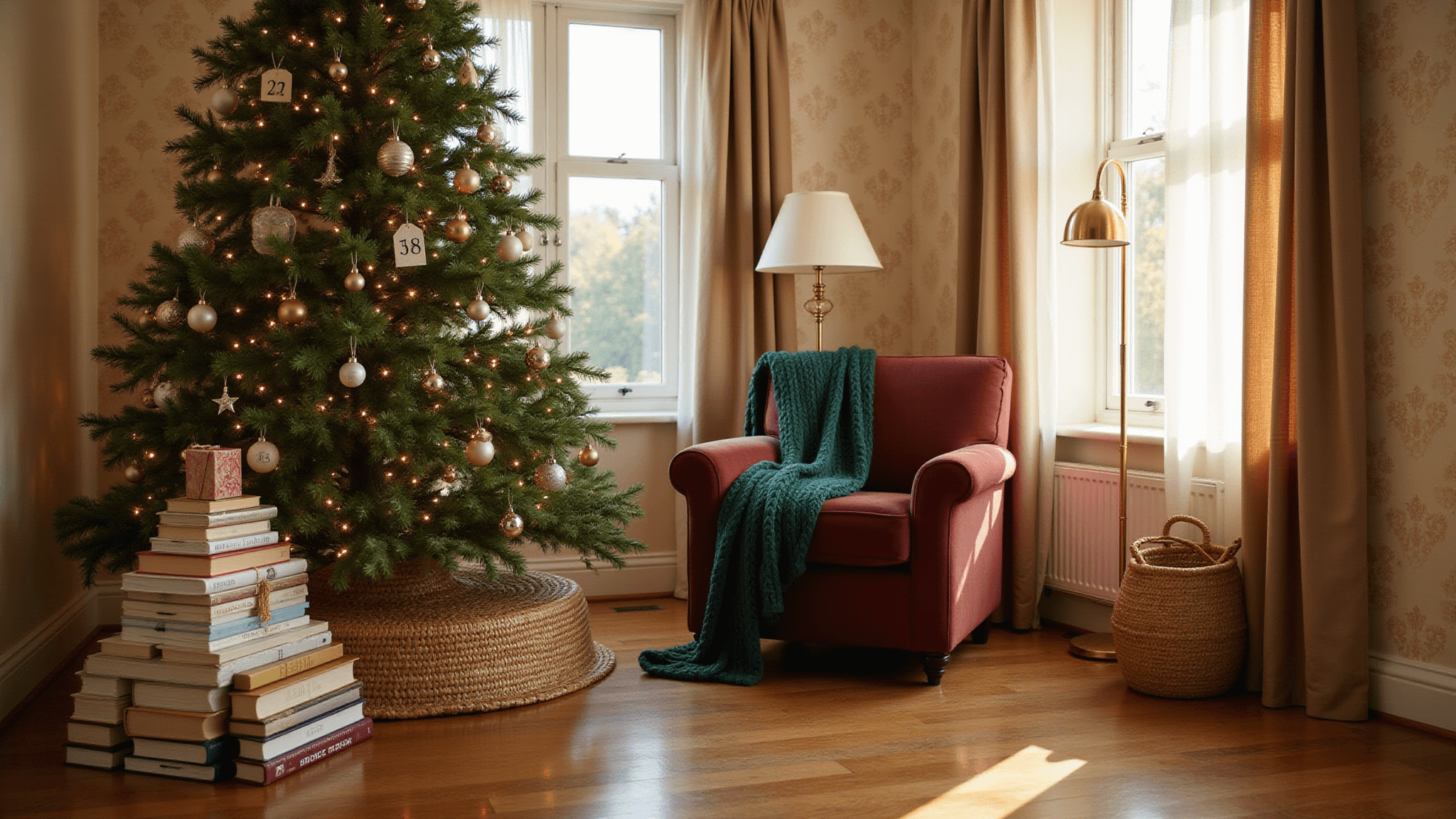 A cozy living room corner featuring a towering Christmas tree with warm lights, a pyramid of 24 wrapped books in a seagrass basket, a plush velvet armchair with a green throw, and warm oak floors, all illuminated by golden hour sunlight.