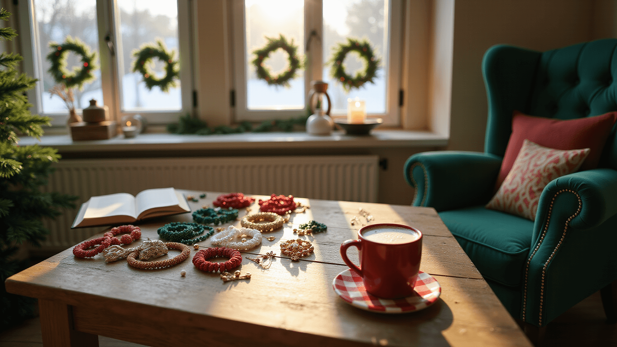 Cozy living room corner with a green velvet chair and rustic craft table, featuring organized Christmas beads, miniature charms, a steaming mug of cocoa, and warm sunlight illuminating the scene, enhanced by fairy lights and pine needles.