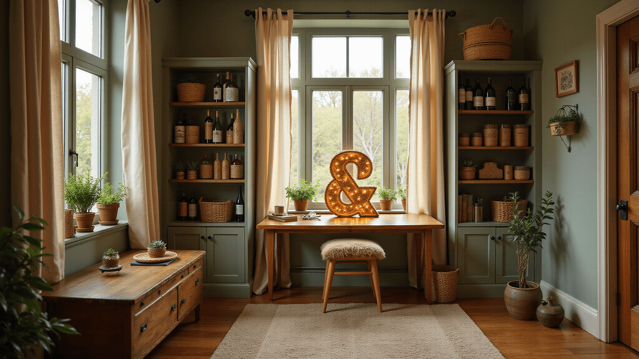 Cozy home office nook with a rustic desk, illuminated cork monogram, fairy lights, and artfully arranged wine bottles, featuring natural textures and a warm color palette.