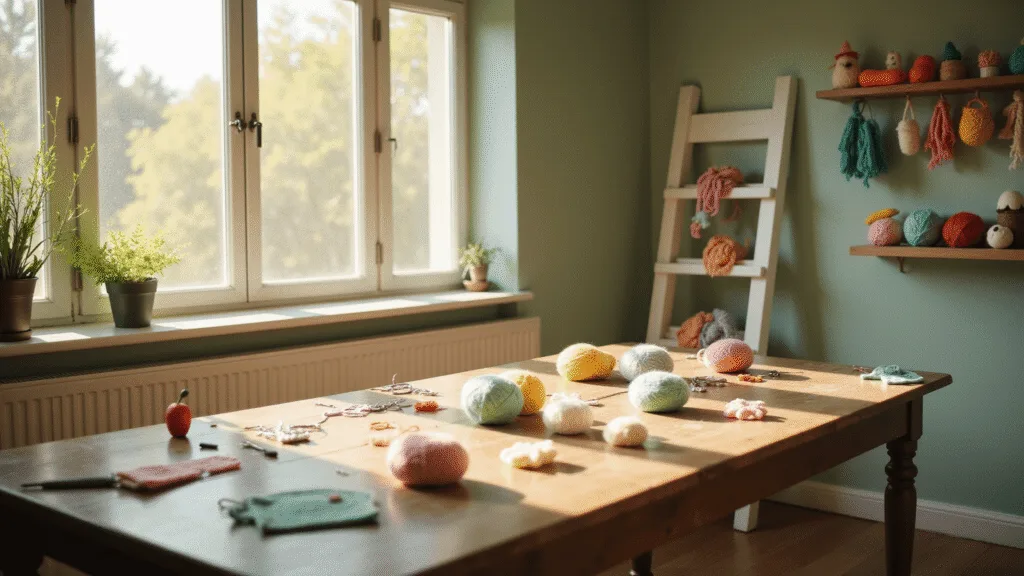 A cozy crochet craft room bathed in golden hour light, featuring a wooden worktable cluttered with colorful cotton yarn and crochet hooks, surrounded by completed miniature keychains on sage green walls, with a vintage ladder holding rainbow yarn.
