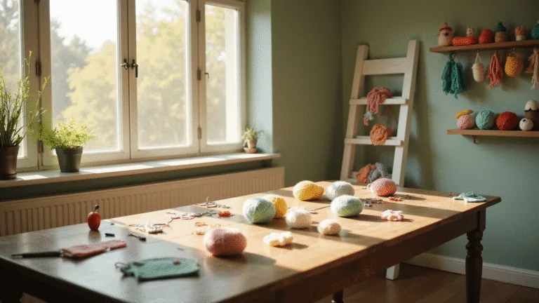 A cozy crochet craft room bathed in golden hour light, featuring a wooden worktable cluttered with colorful cotton yarn and crochet hooks, surrounded by completed miniature keychains on sage green walls, with a vintage ladder holding rainbow yarn.