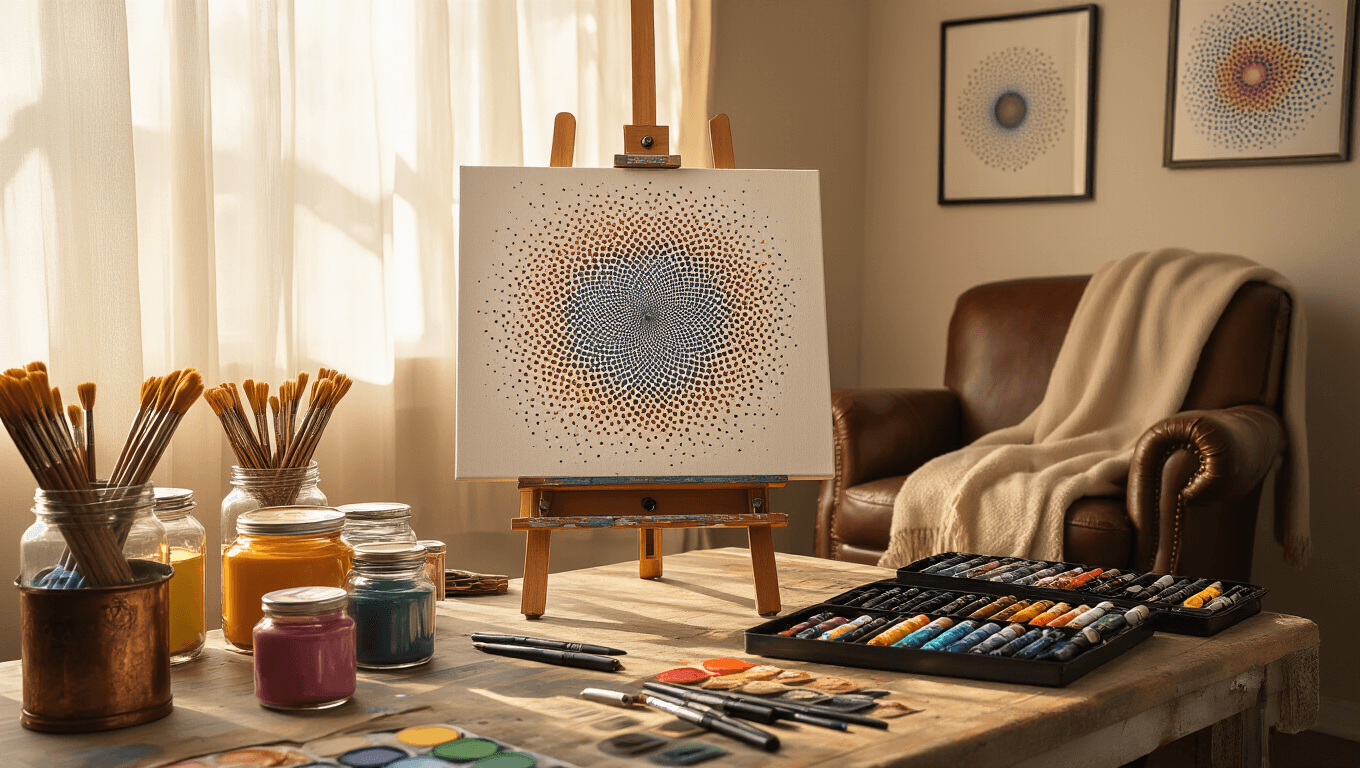 A sunlit art studio with a weathered wooden easel holding a half-finished pointillism canvas, surrounded by colorful art supplies and framed dot art pieces, illuminated by warm, golden light filtering through sheer curtains.