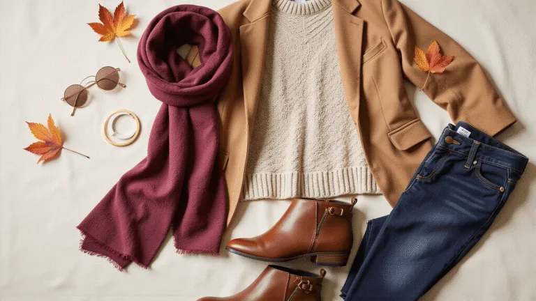A cozy autumn flatlay featuring an oatmeal chunky knit sweater, camel wool blazer, dark wash denim, burgundy silk scarf, gold minimalist jewelry, brown leather boots, and scattered autumn leaves, captured in soft natural morning light on a cream textured linen background.