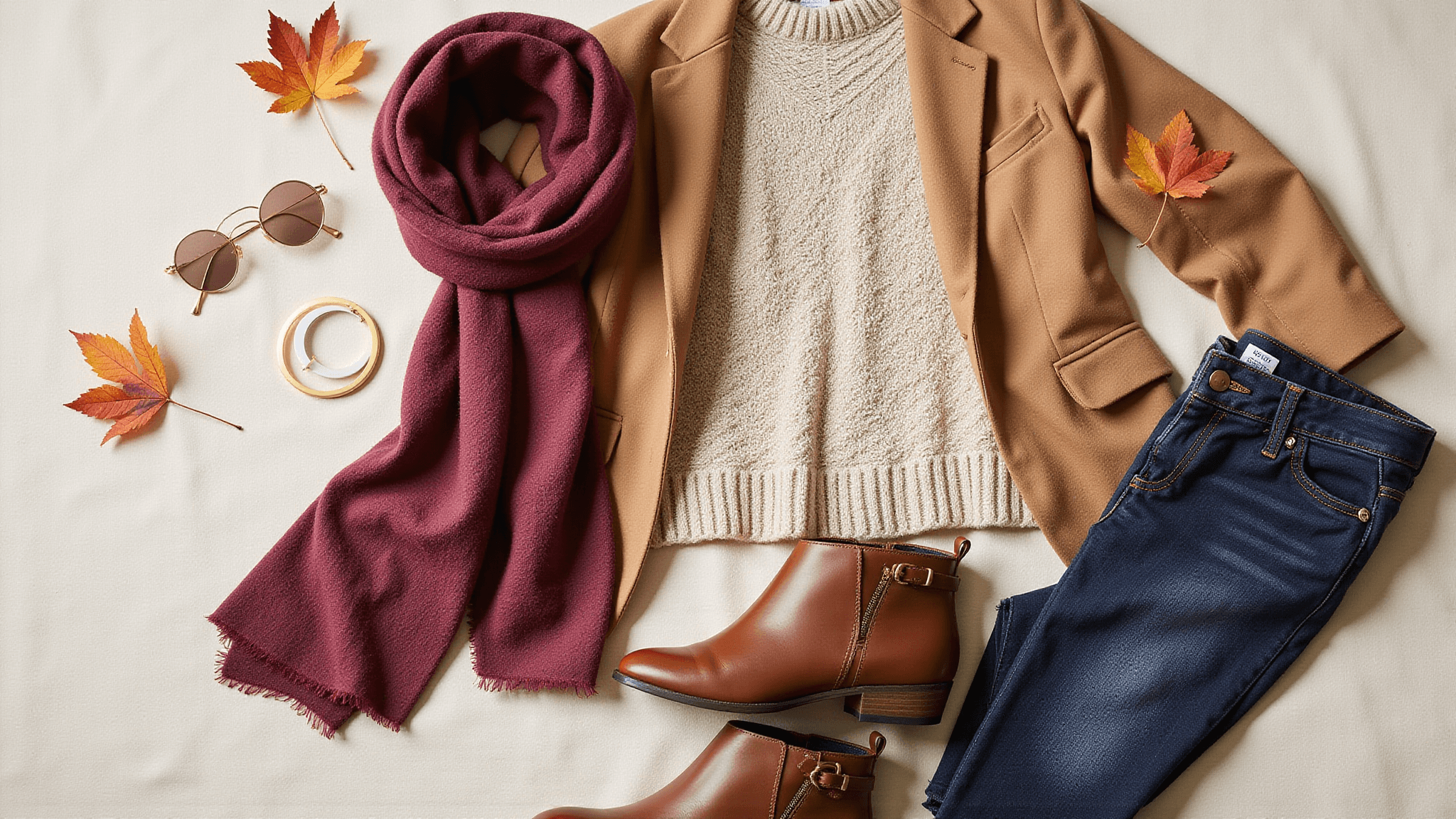 A cozy autumn flatlay featuring an oatmeal chunky knit sweater, camel wool blazer, dark wash denim, burgundy silk scarf, gold minimalist jewelry, brown leather boots, and scattered autumn leaves, captured in soft natural morning light on a cream textured linen background.