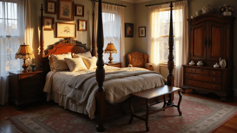 A cozy Victorian-style bedroom at golden hour, featuring a four-poster mahogany bed with vintage textiles, soft sunlight through lace curtains, weathered nightstands, a gallery wall of family photos, and a Persian rug, all depicted in hyper-detailed photorealism.
