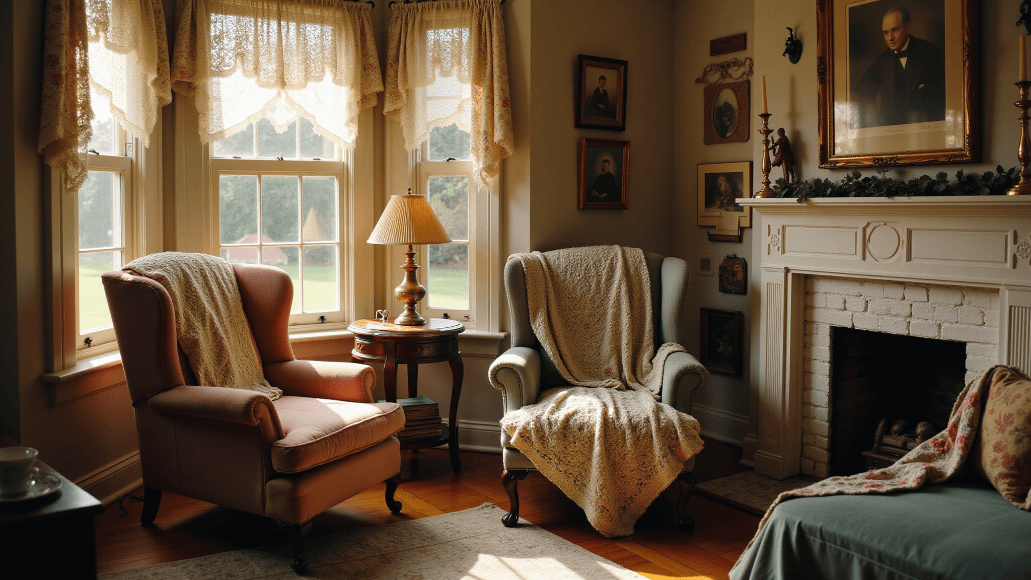 A cozy vintage living room filled with warm golden light, featuring a Victorian wingback chair, a dark cherry side table with a brass lamp and teacup, a faded Persian rug, family photographs, and a white brick fireplace, all highlighting a nostalgic, lived-in atmosphere.