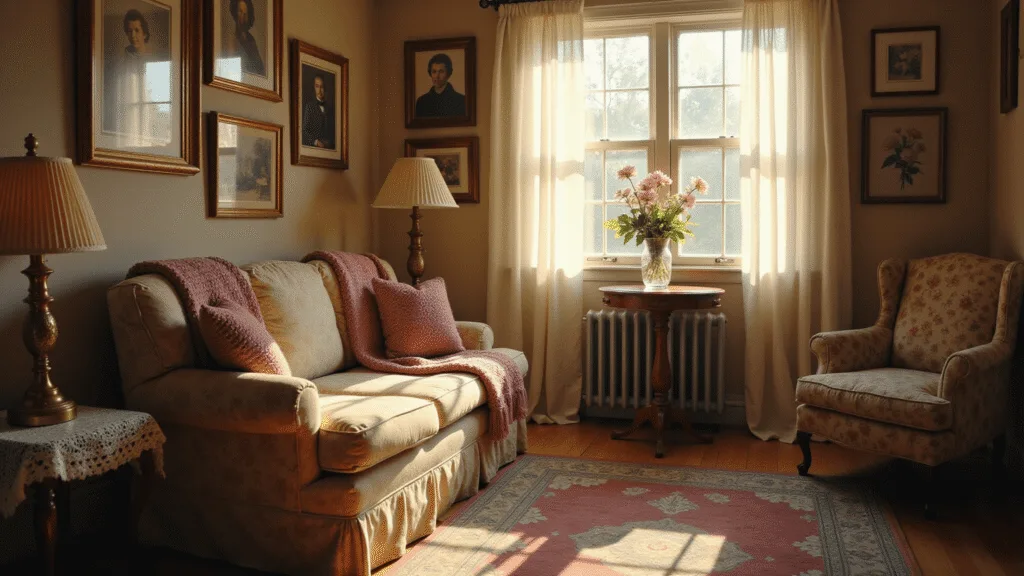 Grandmacore: Turning Your Home into a Cozy Time Capsule of Comfort A sunlit living room featuring a floral chintz sofa, vintage Persian rug, and a gallery wall of family photos, all bathed in warm golden hour light with delicate textures and soft focus, evoking a nostalgic atmosphere.