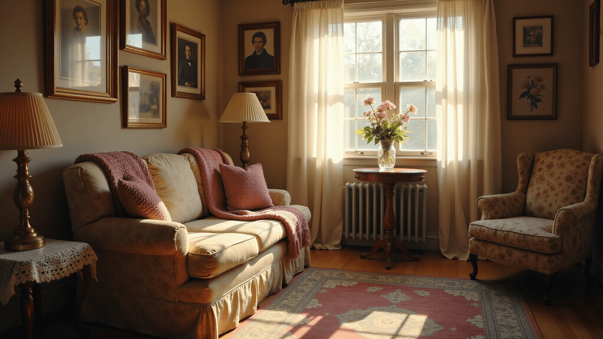 A sunlit living room featuring a floral chintz sofa, vintage Persian rug, and a gallery wall of family photos, all bathed in warm golden hour light with delicate textures and soft focus, evoking a nostalgic atmosphere.