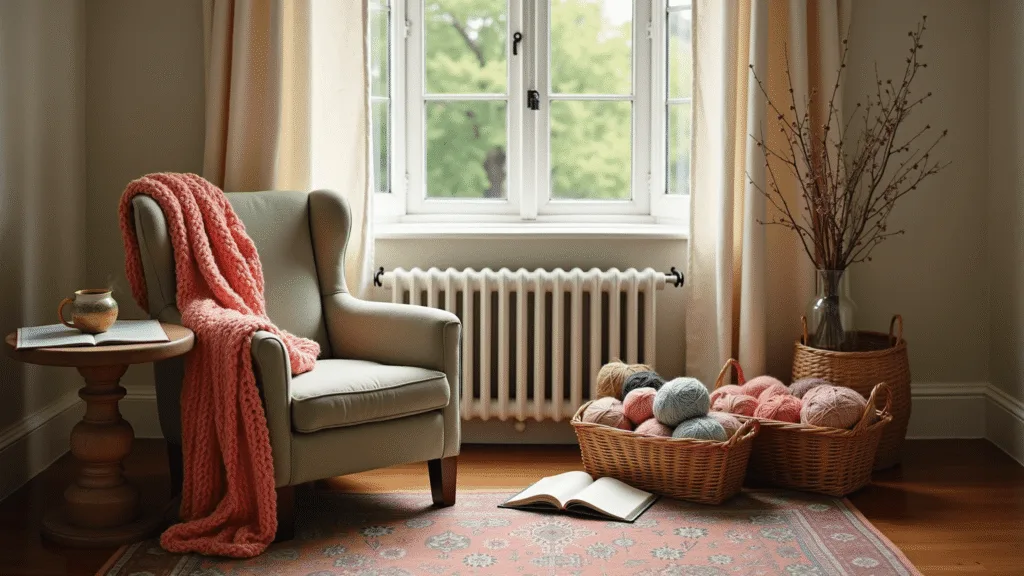 Cozy Up with Chunky Knits: A DIY Workshop Adventure A cozy knitting nook featuring a plush sage green armchair with a coral chunky knit blanket, a steaming mug of tea, and a vintage knitting pattern book, surrounded by wicker baskets of pastel and jewel-toned yarns, all illuminated by soft afternoon sunlight.
