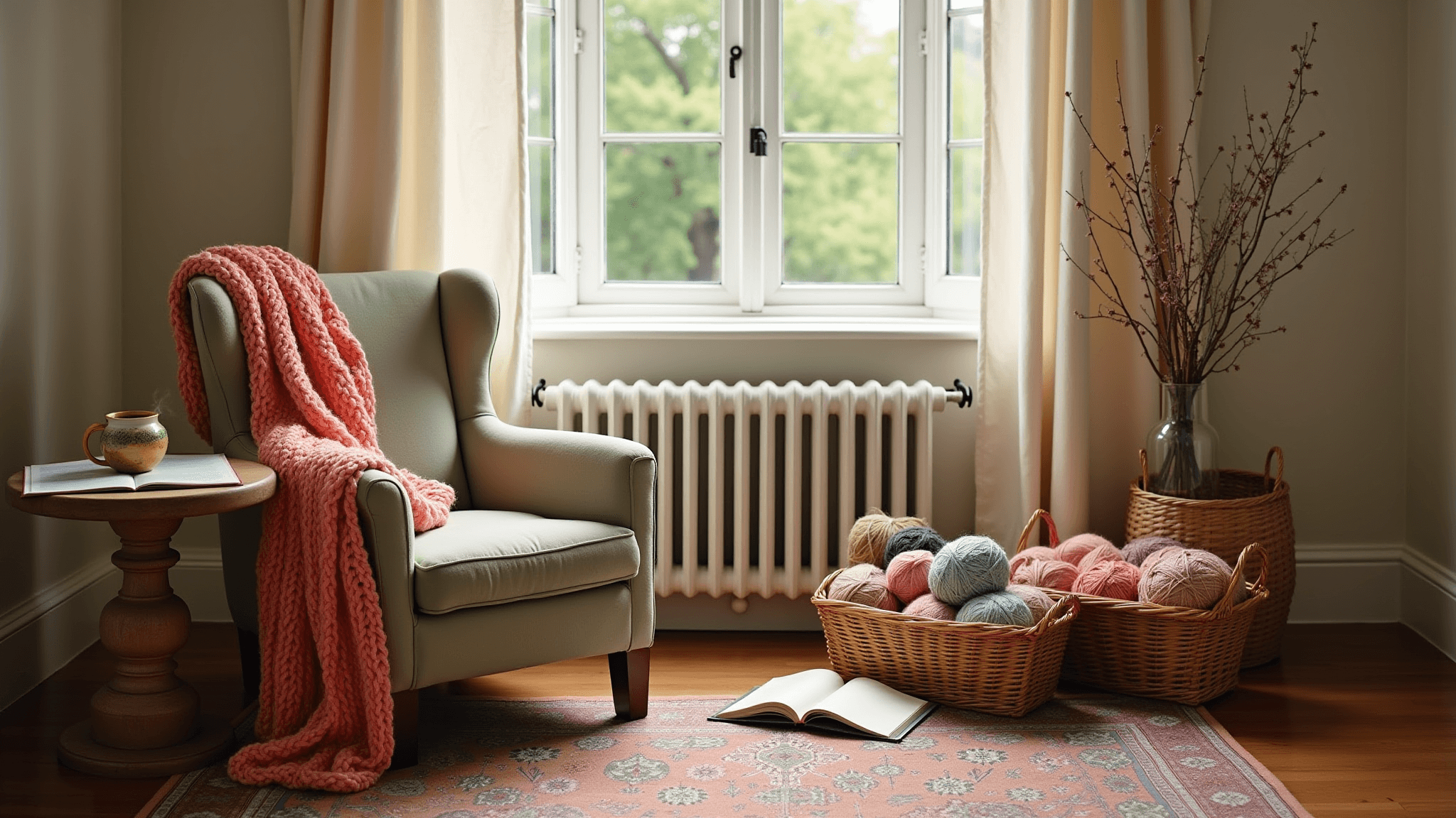 A cozy knitting nook featuring a plush sage green armchair with a coral chunky knit blanket, a steaming mug of tea, and a vintage knitting pattern book, surrounded by wicker baskets of pastel and jewel-toned yarns, all illuminated by soft afternoon sunlight.