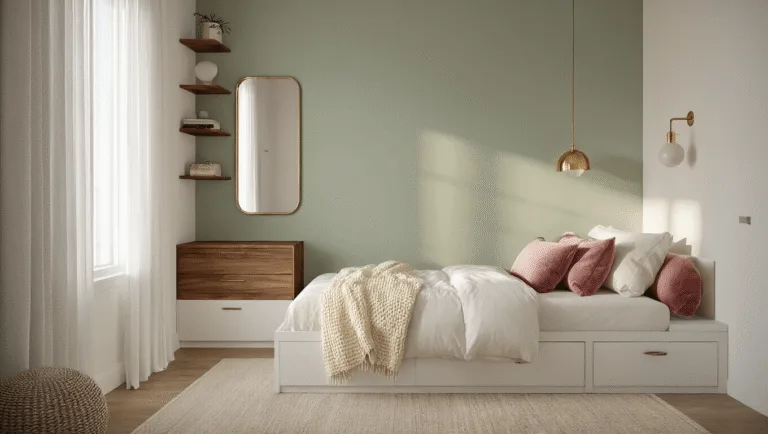 Photorealistic interior of a cozy small bedroom with soft golden hour lighting, featuring a queen-size platform bed with white linen and velvet pillows, a sage green accent wall, wooden nightstands, geometric shelving, and a gilt-edged mirror, showcasing clever storage solutions and minimalist decor.