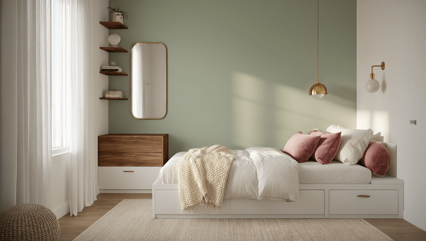 Photorealistic interior of a cozy small bedroom with soft golden hour lighting, featuring a queen-size platform bed with white linen and velvet pillows, a sage green accent wall, wooden nightstands, geometric shelving, and a gilt-edged mirror, showcasing clever storage solutions and minimalist decor.