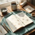 A sunlit home office corner with a weathered wooden desk, featuring an open bullet journal adorned with intricate metallic fireworks and snowflake designs, surrounded by high-end journaling supplies, a steaming mug of coffee, and decorative elements like washi tape and pressed winter flowers, all on a plush teal rug.