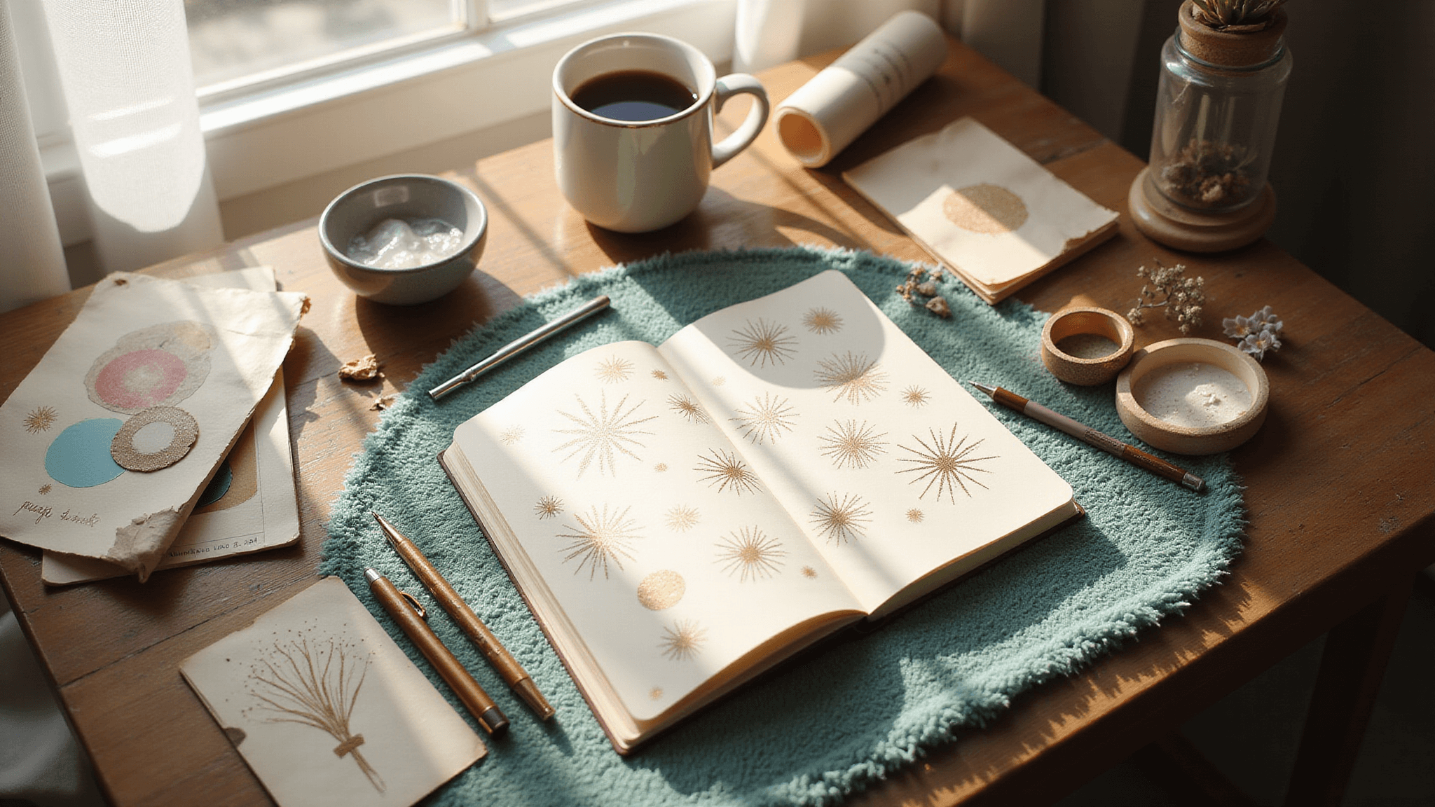 A sunlit home office corner with a weathered wooden desk, featuring an open bullet journal adorned with intricate metallic fireworks and snowflake designs, surrounded by high-end journaling supplies, a steaming mug of coffee, and decorative elements like washi tape and pressed winter flowers, all on a plush teal rug.