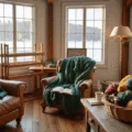 A sunlit craft room with high ceilings and wooden beams, featuring a vintage leather armchair by a bay window, a chunky emerald blanket, wooden knitting looms, a steaming tea mug, an open knitting book, and a wicker basket of yarn in jewel tones, all captured in dreamy golden hour light.