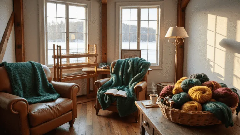 A sunlit craft room with high ceilings and wooden beams, featuring a vintage leather armchair by a bay window, a chunky emerald blanket, wooden knitting looms, a steaming tea mug, an open knitting book, and a wicker basket of yarn in jewel tones, all captured in dreamy golden hour light.