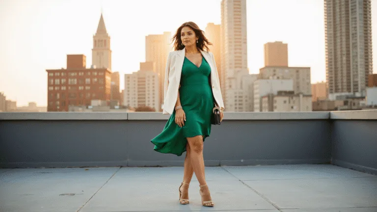 A curvy model in a flowing emerald green A-line dress stands on a rooftop terrace at golden hour, wearing nude strappy sandals and a cream blazer, with city skyscrapers in the background.