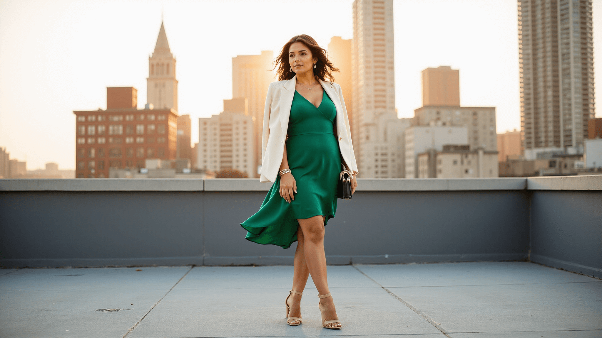 A curvy model in a flowing emerald green A-line dress stands on a rooftop terrace at golden hour, wearing nude strappy sandals and a cream blazer, with city skyscrapers in the background.