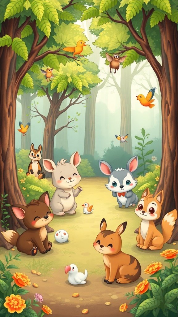 A colorful illustration of cute animals in a forest, featuring a bunny, fox, and various birds.