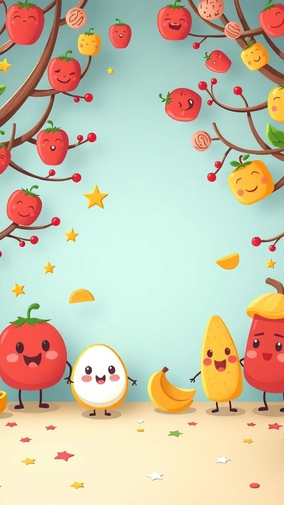 Cute cartoon food characters including a tomato, egg, banana, and more, set against a bright blue background with stars and fruit slices.
