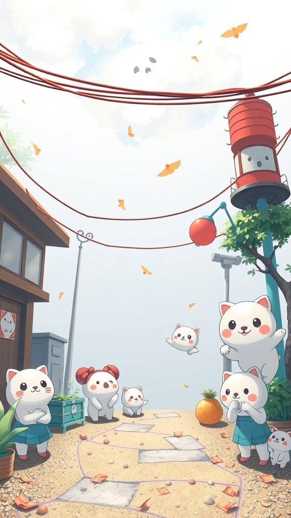 A colorful illustration of cute kawaii characters in a playful setting.