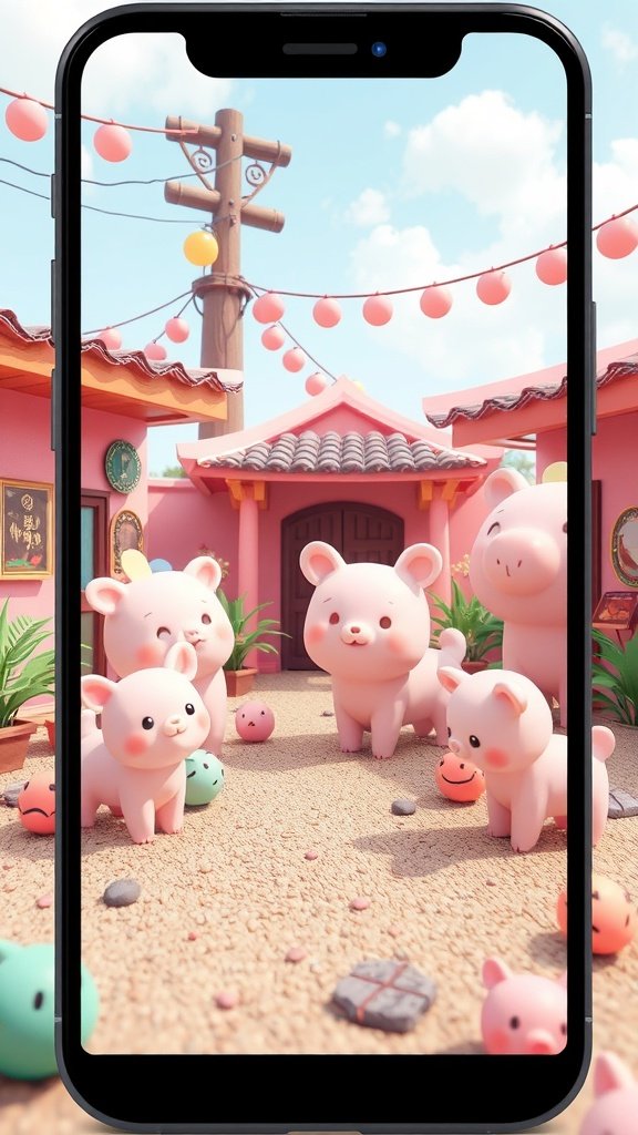 A phone displaying a scene with cute pink kawaii pigs in a colorful setting.