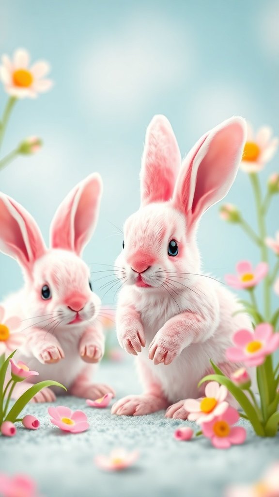 Two cute pink bunnies surrounded by flowers