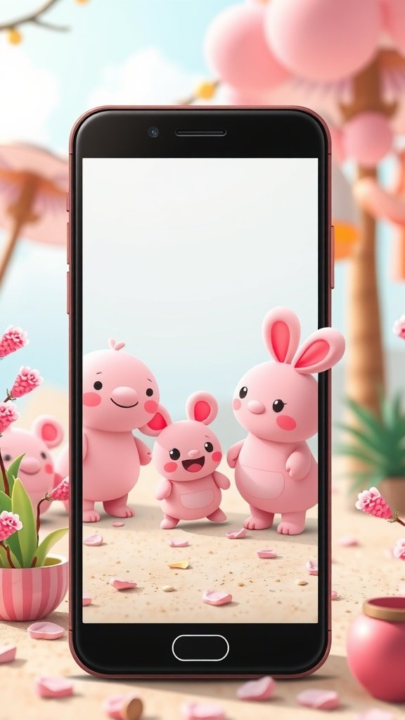 Cute pink cartoon characters of rabbits with a cheerful background
