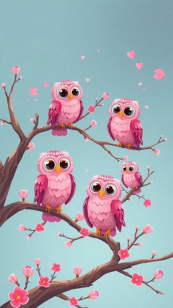 A group of cute pink owls sitting on a branch with flowers and hearts in a whimsical design.