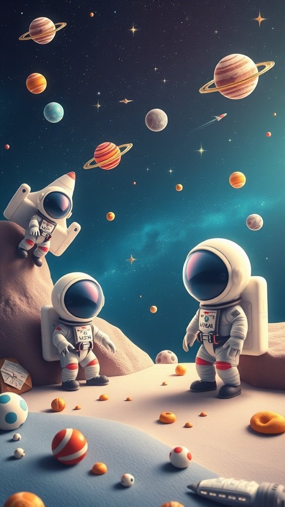 Cute space-themed wallpaper featuring astronauts and colorful planets
