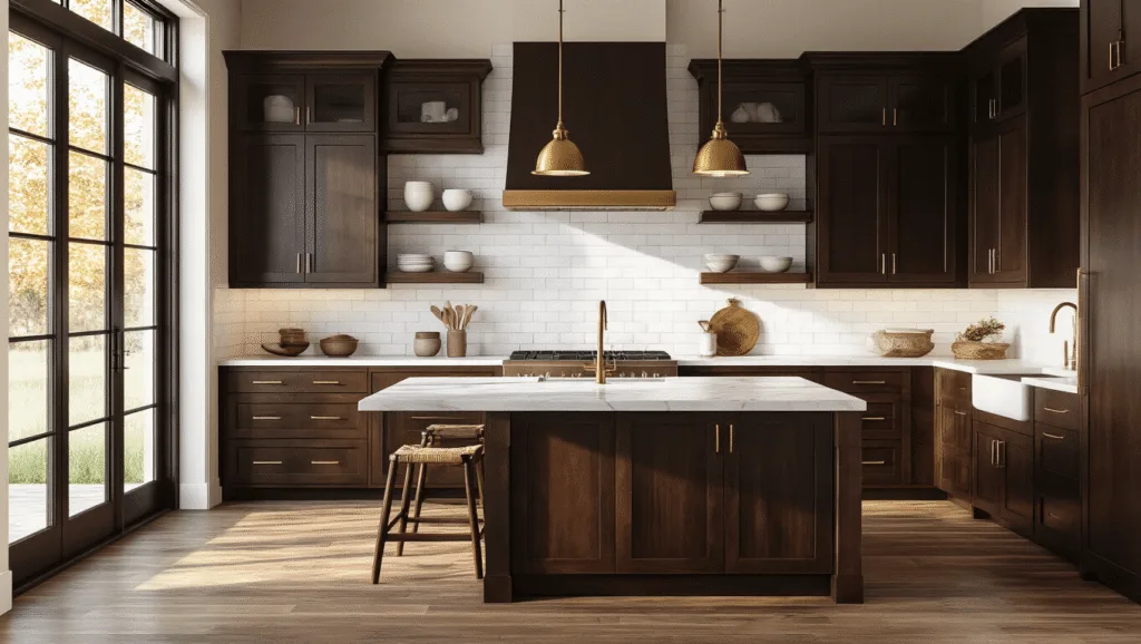 Dark Brown Kitchen Cabinets: A Timeless Design Choice for Warmth and Sophistication Photorealistic interior of a modern farmhouse kitchen featuring espresso-stained Shaker cabinets, a marble waterfall island, white subway tile backsplash, brass pendant lights, wide-plank oak floors, and vintage ceramic bowls, captured in golden hour light with a cinematic color grading.