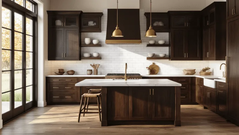 Photorealistic interior of a modern farmhouse kitchen featuring espresso-stained Shaker cabinets, a marble waterfall island, white subway tile backsplash, brass pendant lights, wide-plank oak floors, and vintage ceramic bowls, captured in golden hour light with a cinematic color grading.