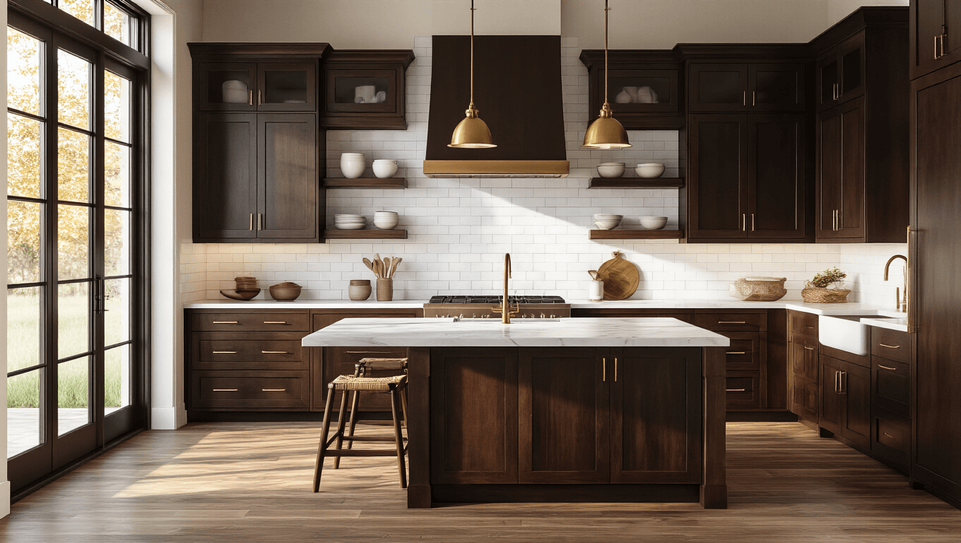 Photorealistic interior of a modern farmhouse kitchen featuring espresso-stained Shaker cabinets, a marble waterfall island, white subway tile backsplash, brass pendant lights, wide-plank oak floors, and vintage ceramic bowls, captured in golden hour light with a cinematic color grading.
