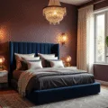 Cinematic wide-angle view of a luxurious master bedroom with deep plum walls, a king-sized bed with charcoal linen bedding, oversized midnight blue velvet headboard, warm golden hour light, and lush monstera plants, all captured in photorealistic detail.
