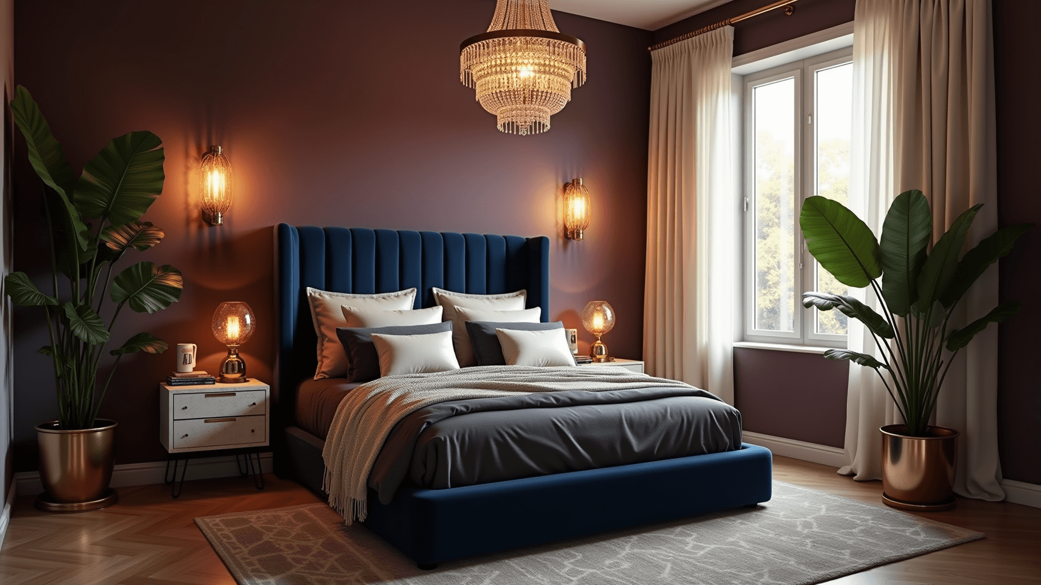Cinematic wide-angle view of a luxurious master bedroom with deep plum walls, a king-sized bed with charcoal linen bedding, oversized midnight blue velvet headboard, warm golden hour light, and lush monstera plants, all captured in photorealistic detail.