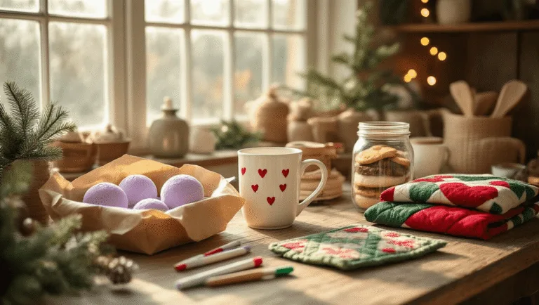 A cozy craft room filled with handmade Christmas gifts, including lavender bath bombs, hand-painted mugs, and quilted potholders, illuminated by warm natural light and adorned with crafting tools and festive decorations.