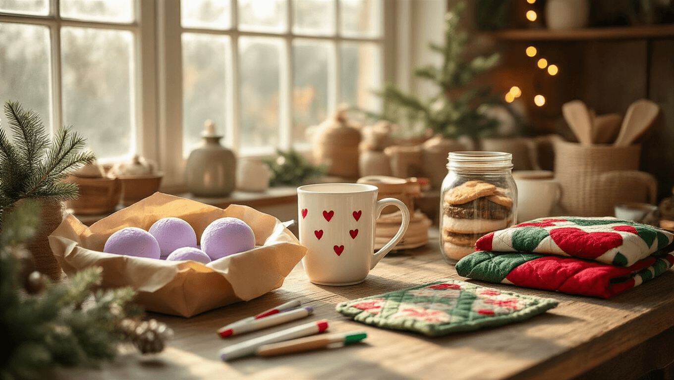 A cozy craft room filled with handmade Christmas gifts, including lavender bath bombs, hand-painted mugs, and quilted potholders, illuminated by warm natural light and adorned with crafting tools and festive decorations.