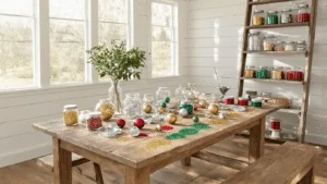 Glitter Ornaments: A Sparkling DIY Adventure Cozy craft room with white shiplap walls and oak floors, featuring a large farmhouse table adorned with glass ornaments and vibrant glitters in gold, silver, red, and emerald green. Natural light illuminates the scene, highlighting hands at work and sparkling finished ornaments on a rustic shelf.