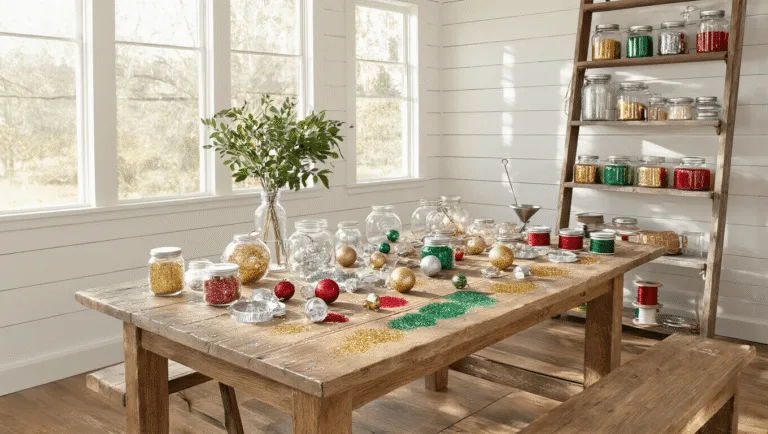 Cozy craft room with white shiplap walls and oak floors, featuring a large farmhouse table adorned with glass ornaments and vibrant glitters in gold, silver, red, and emerald green. Natural light illuminates the scene, highlighting hands at work and sparkling finished ornaments on a rustic shelf.