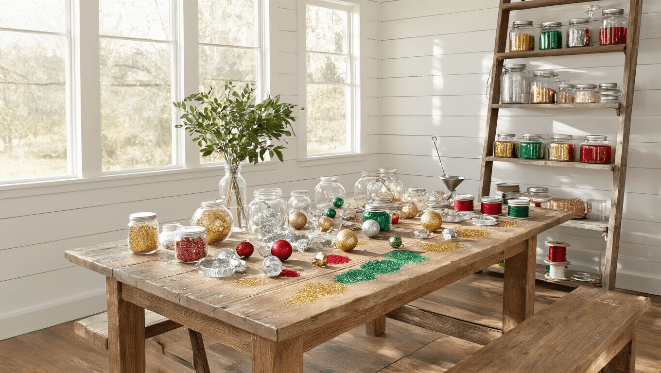 Cozy craft room with white shiplap walls and oak floors, featuring a large farmhouse table adorned with glass ornaments and vibrant glitters in gold, silver, red, and emerald green. Natural light illuminates the scene, highlighting hands at work and sparkling finished ornaments on a rustic shelf.
